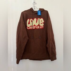 New Market Love carefully brown textured hooded sweatshirt unisex XL streetwear